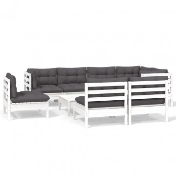 Set mobilier grădină cu perne, 9 piese, alb, lemn masiv pin - Img 2