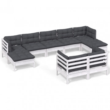 Set mobilier grădină cu perne, 9 piese, alb, lemn masiv pin - Img 2