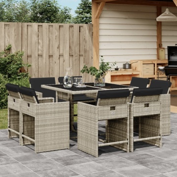 Set mobilier grădină cu perne, 9 piese, gri deschis, poliratan - Img 1