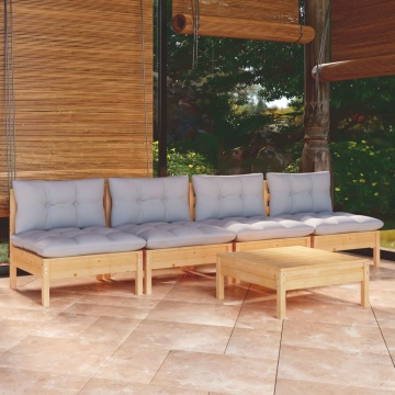 Set mobilier grădină cu perne gri, 5 piese, lemn masiv de pin - Img 1
