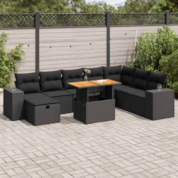 Set mobilier grădină perne 9 piese negru poliratan/lemn acacia - Img 1