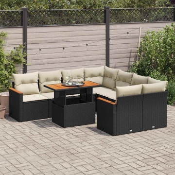 Set mobilier grădină perne 9 piese negru poliratan/lemn acacia - Img 1