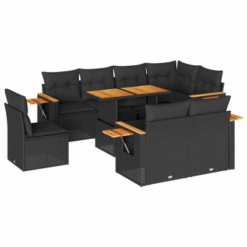 Set mobilier grădină perne 9 piese negru poliratan/lemn acacia - Img 2