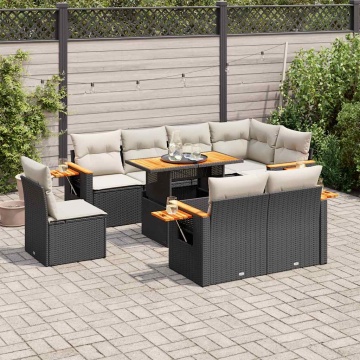 Set mobilier grădină perne 9 piese negru poliratan/lemn acacia - Img 1