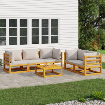 Set mobilier grădină, perne gri deschis, 6 piese, lemn masiv - Img 1
