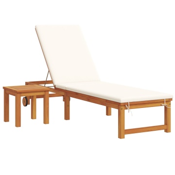 Șezlong cu masă și pernă din lemn de acacia, Șezlong cu perne crem din lemn de acacia, Masa laterală de grădină 35x35x34 cm din lemn de acacia - Img 2