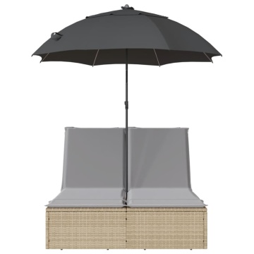Șezlong dublu cu perne/umbrelă de soare, bej, poliratan - Img 4
