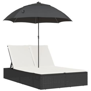 Șezlong dublu cu perne/umbrelă de soare, negru, poliratan - Img 2