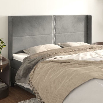 Tăblie de pat cu aripioare gri deschis 203x16x118/128cm catifea - Img 1