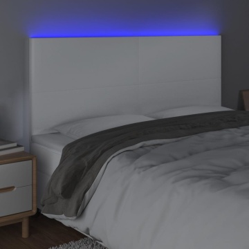 Tăblie de pat cu LED, alb, 180x5x118/128 cm, piele ecologică - Img 3