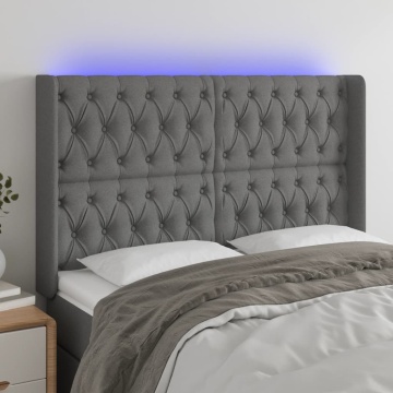 Tăblie de pat cu LED, gri închis, 147x16x118/128 cm, textil - Img 1