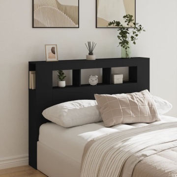 Tăblie de pat cu LED, negru, 140x18,5x103,5 cm, lemn - Img 3