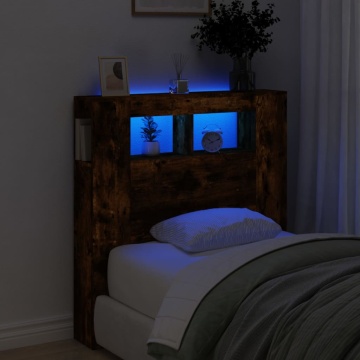 Tăblie de pat cu LED, stejar fumuriu, 100x18,5x103,5 cm, lemn - Img 1