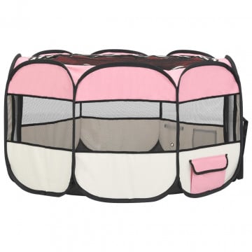 Țarc joacă pliabil câini cu sac de transport roz 110x110x58 cm - Img 4