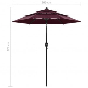 Umbrelă de soare 3 niveluri, stâlp aluminiu, roșu bordo, 2 m - Img 7