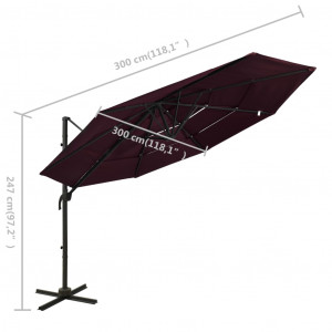 Umbrelă de soare 4 niveluri, stâlp aluminiu, roșu bordo, 3x3 m - Img 7
