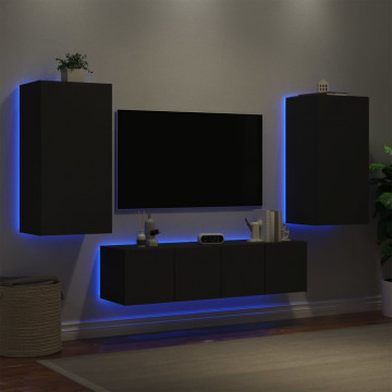 Unități de perete TV cu LED-uri, 4 piese, negru, lemn prelucrat - Img 4