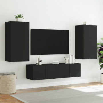Unități de perete TV cu LED-uri, 4 piese, negru, lemn prelucrat - Img 8