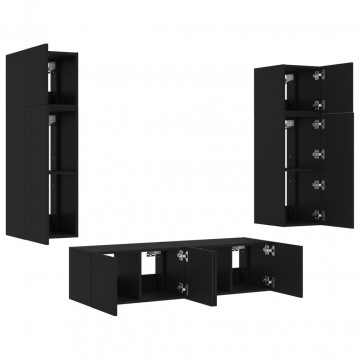 Unități de perete TV cu LED-uri, 6 piese, negru, lemn prelucrat - Img 5