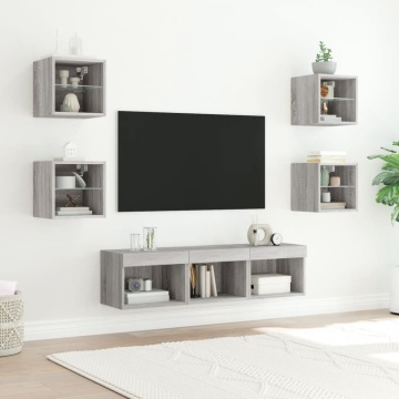 Unități de perete TV cu LED-uri, 7 piese, gri sonoma, lemn - Img 3