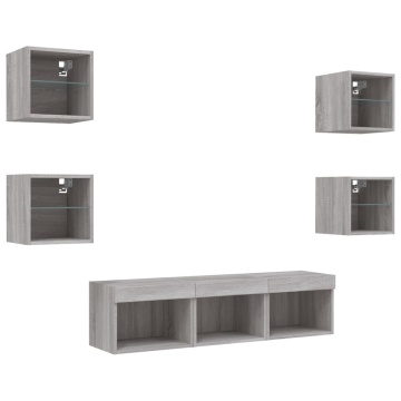 Unități de perete TV cu LED-uri, 7 piese, gri sonoma, lemn - Img 8