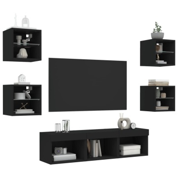 Unități de perete TV cu LED-uri, 7 piese, negru, lemn prelucrat - Img 4