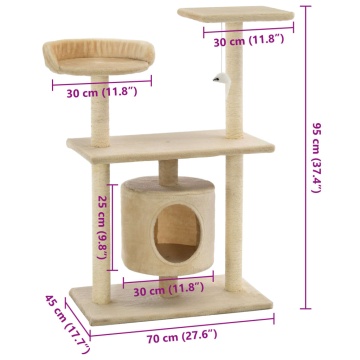 Ansamblu pentru pisici cu stâlpi din funie de sisal, 95 cm Bej - Img 7