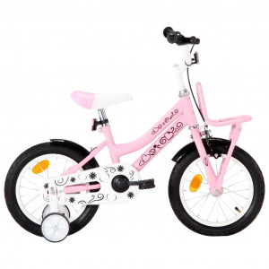 Bicicletă copii cu suport frontal, alb și roz, 14 inci - Img 1