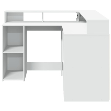 Birou cu lumini LED, alb, 130x130x91 cm, lemn prelucrat - Img 5