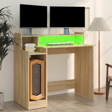Birou cu lumini LED, stejar sonoma, 97x90x45 cm, lemn compozit - Img 4