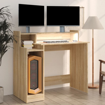 Birou cu lumini LED, stejar sonoma, 97x90x45 cm, lemn compozit - Img 5