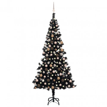 Brad de Crăciun artificial cu LED-uri&globuri negru 210 cm PVC