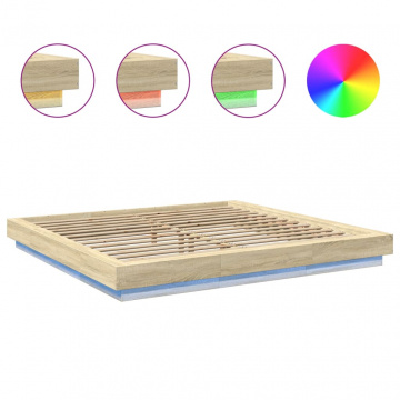 Cadru de pat cu LED stejar sonoma 200x200 cm lemn prelucrat - Img 7