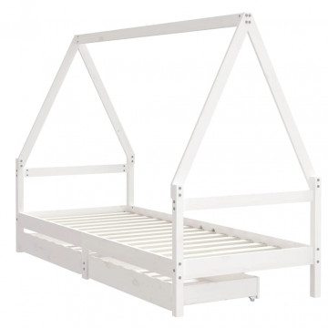 Cadru de pat cu sertare de copii, alb, 90x200 cm lemn masiv pin - Img 3