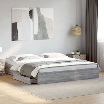 Cadru de pat cu sertare gri sonoma 180x200 cm lemn prelucrat - Img 3