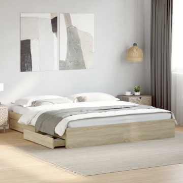 Cadru de pat cu sertare stejar sonoma 200x200 cm lemn prelucrat - Img 3