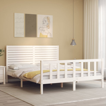 Cadru de pat cu tăblie, alb, king size, lemn masiv - Img 3