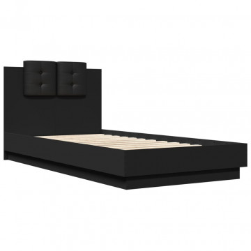Cadru de pat cu tăblie și lumini LED, negru, 75x190 cm - Img 3