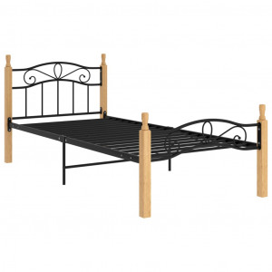 Cadru de pat, negru, 100x200 cm, metal și lemn masiv stejar - Img 2