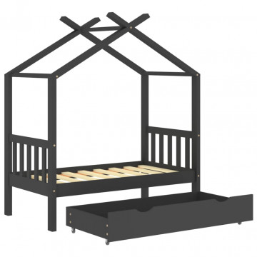 Cadru pat copii cu sertar gri închis 70x140 cm lemn masiv pin - Img 7