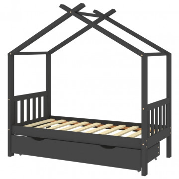 Cadru pat copii cu sertar gri închis 80x160 cm lemn masiv pin - Img 2