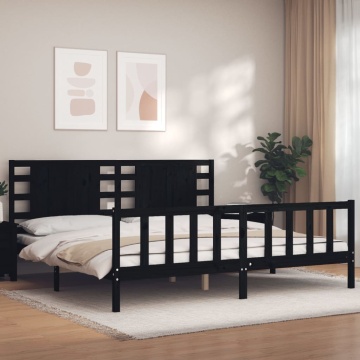 Cadru pat cu tăblie 200x200 cm, negru, lemn masiv - Img 1