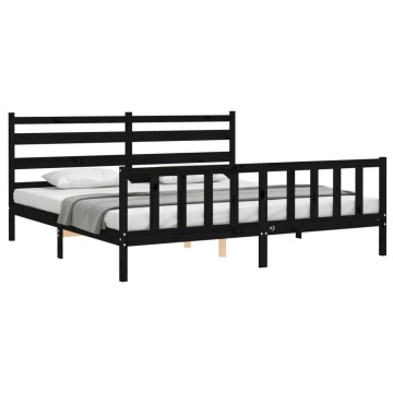 Cadru pat cu tăblie 200x200 cm, negru, lemn masiv - Img 3