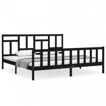 Cadru pat cu tăblie 200x200 cm, negru, lemn masiv - Img 2