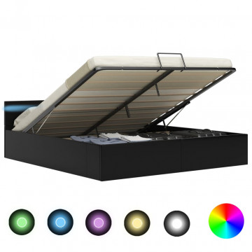 Cadru pat hidraulic cu ladă LED negru 160x200cm piele ecologică - Img 1
