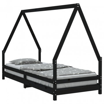 Cadru pat pentru copii, negru, 90x200 cm, lemn masiv de pin - Img 2
