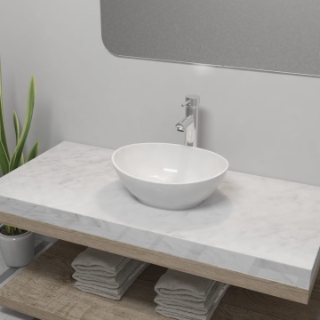 Chiuvetă de baie cu robinet mixer, ceramică, oval, alb - Img 1