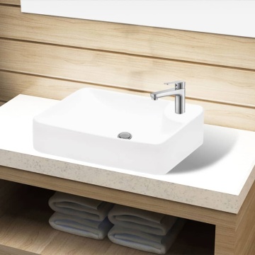 Chiuvetă de baie din ceramică, cu orificiu pentru robinet, alb - Img 1