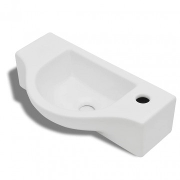 Chiuvetă de baie din ceramică, gaură pentru robinet și preaplin, alb - Img 2
