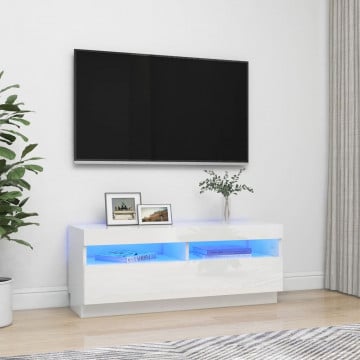 Comodă TV cu lumini LED, alb extralucios, 100x35x40 cm - Img 1